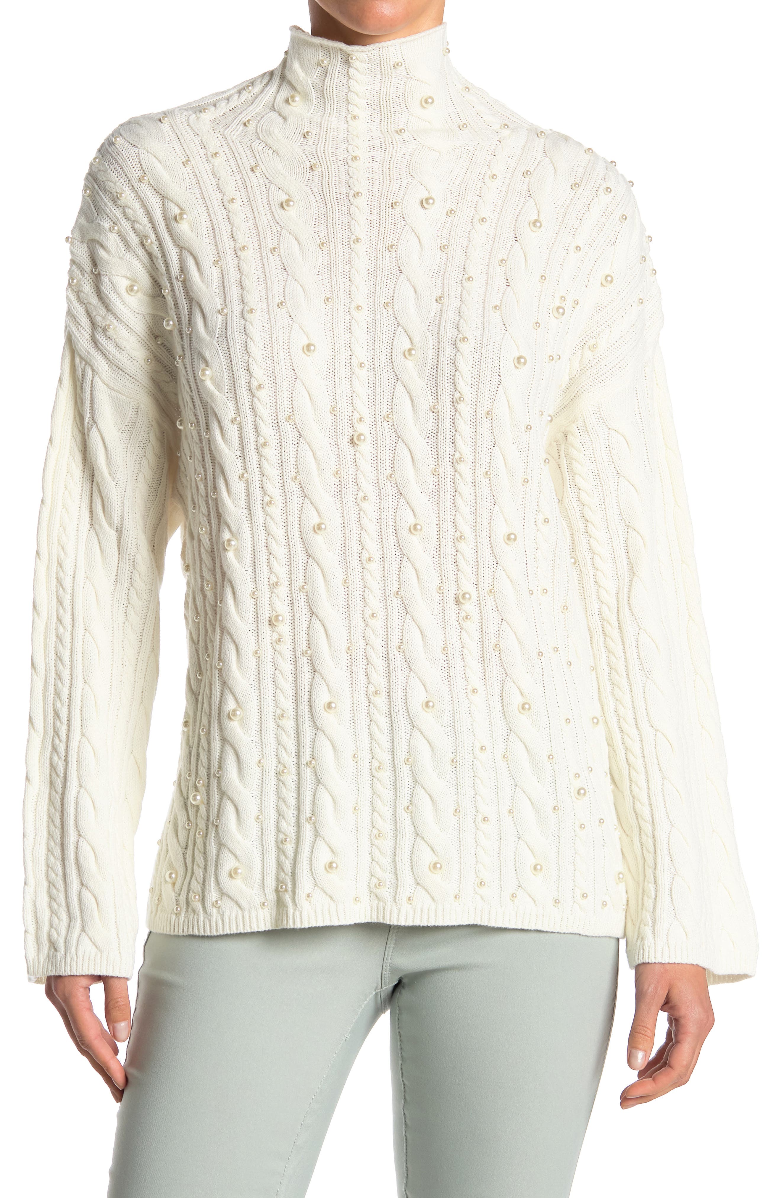 Grace Elements Womens Embellished Cable Hi-Lo Sweater 